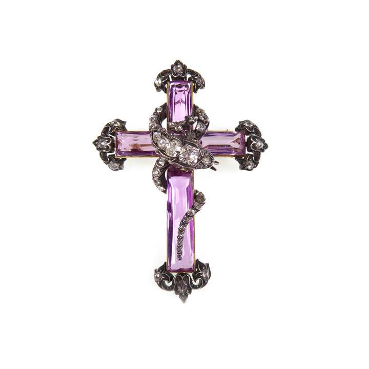 Pink topaz and diamond snake cross pendant